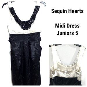 Sequin Hearts Midi Dress Party Black Cream Size 5 Pockets Hidden Back Zipper